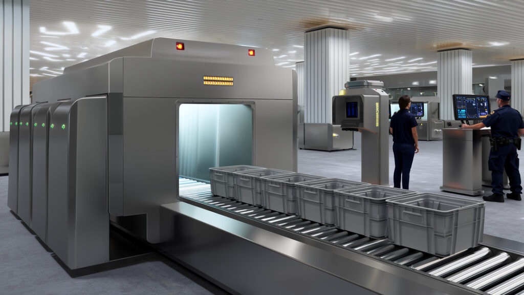 Airport security scanners Photorealistic modern airport checkpoint featuring airport security scanners, with a CT carry-on baggage scanner and conveyor bins in sharp focus while a millimeter-wave body scanner, traveler, and officers monitoring an imaging console appear softly in the background.