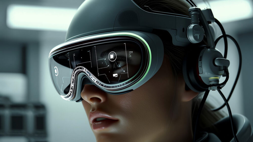 Augmented reality headsets Photorealistic close-up of a field technician wearing modern augmented reality headsets in an industrial maintenance bay, shown in three-quarter profile with a translucent visor reflecting subtle depth-aware AR schematic overlays and ultra-detailed matte polymer and brushed aluminum components under cool cinematic lighting.