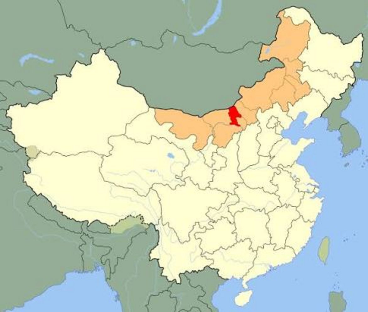 Map of China with Inner Mongolia Autonomous Region highlighted in orange and Hohhot capital city marked in red in northern Ch