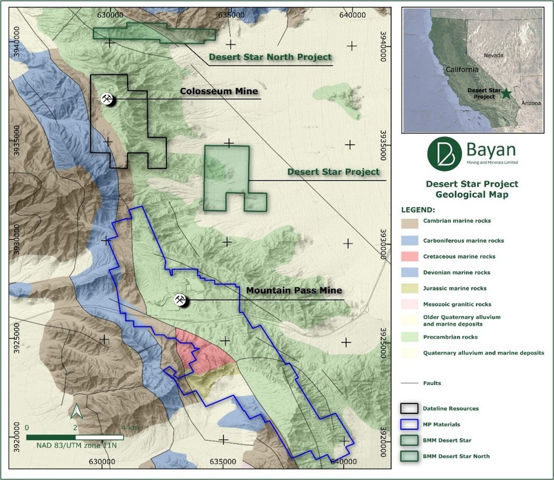 Bayan Mining Desert Star Project geological map near Mountain Pass Mine and Colosseum Mine California showing Precambrian Car