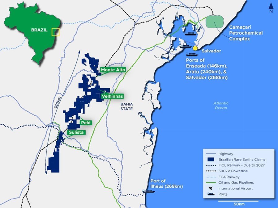 Map of Brazilian Rare Earths mining claims in Bahia State near Salvador with FIOL Railway routes and Camaçari Petrochemical C