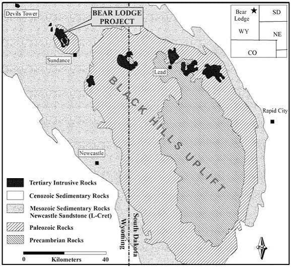 Geological map of Bear Lodge Project near Devils Tower Wyoming showing Black Hills Uplift with Tertiary intrusive, Paleozoic,
