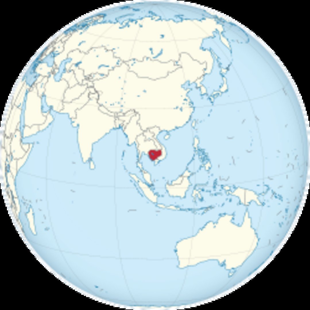 Cambodia marked in red on a world globe centered on Asia Pacific region, bordered by Thailand Vietnam and Laos in Southeast A