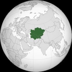 Orthographic globe map highlighting Central Asian countries including Kazakhstan, Uzbekistan, Turkmenistan, Kyrgyzstan, and T