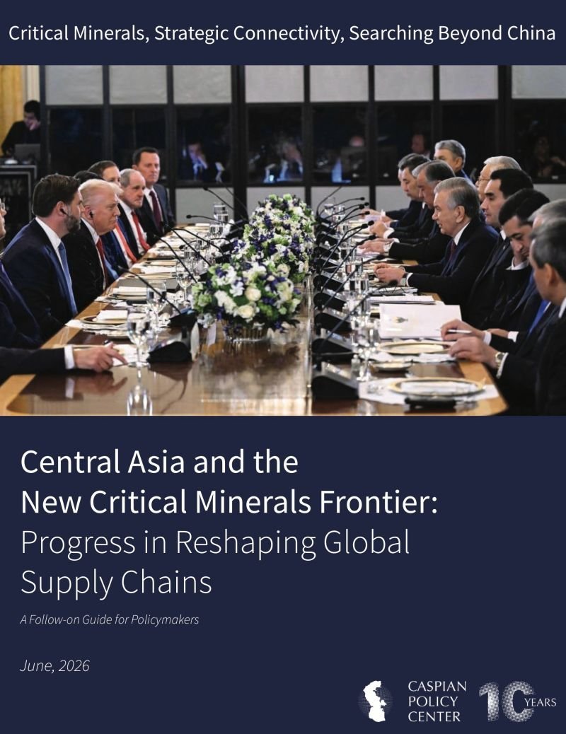 Caspian Policy Center report cover on Central Asia critical minerals frontier with diplomatic meeting at long conference tabl