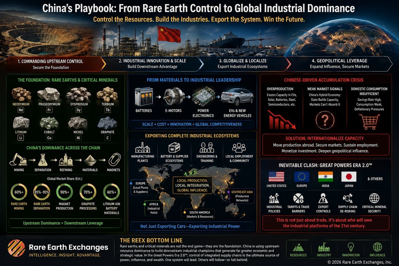 Rare Earth Exchanges infographic mapping China's 4-step playbook from rare earth mining dominance to geopolitical leverage in