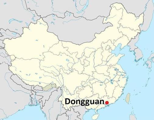Political map of China with red dot marking Dongguan city in Guangdong Province near South China Sea coast