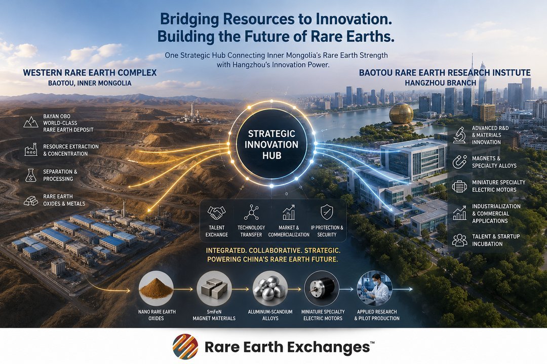 Infographic of Rare Earth Exchanges hub linking Baotou Inner Mongolia mining operations to Hangzhou Branch R&D for China