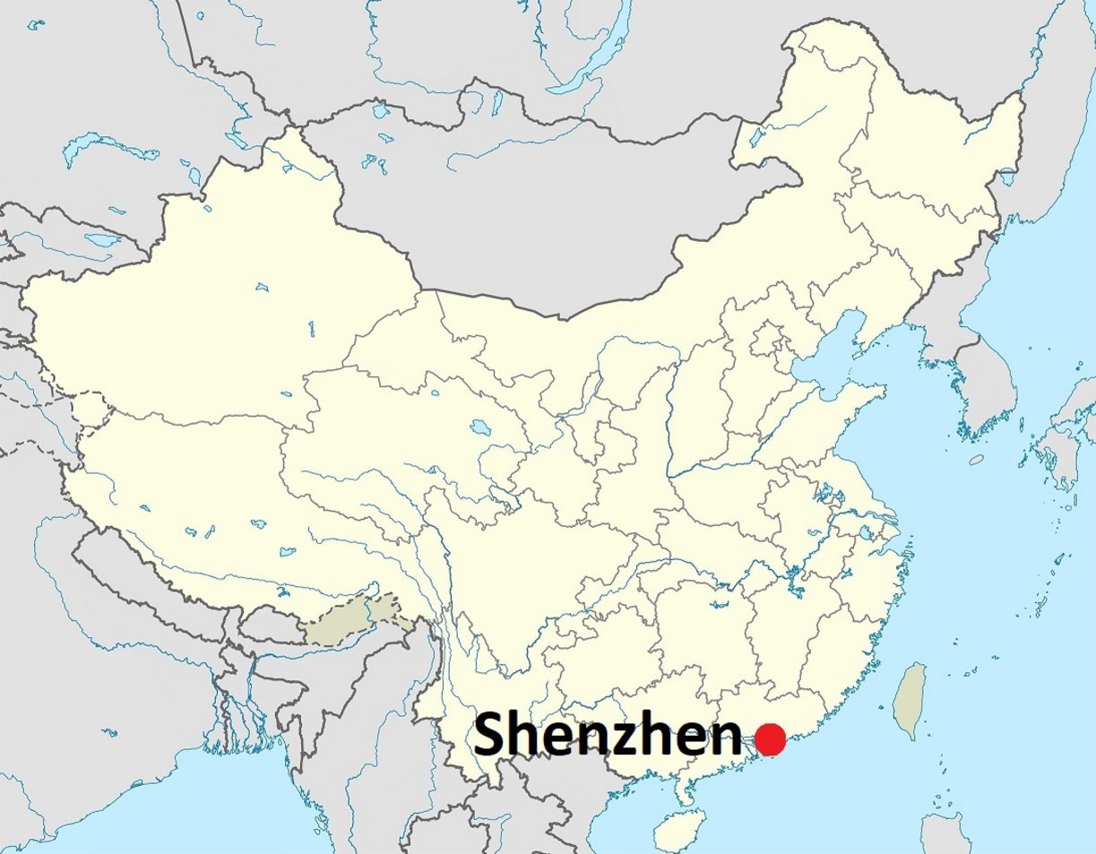 Red dot marking Shenzhen city in Guangdong Province, southeastern China, near Hong Kong on a political map of China