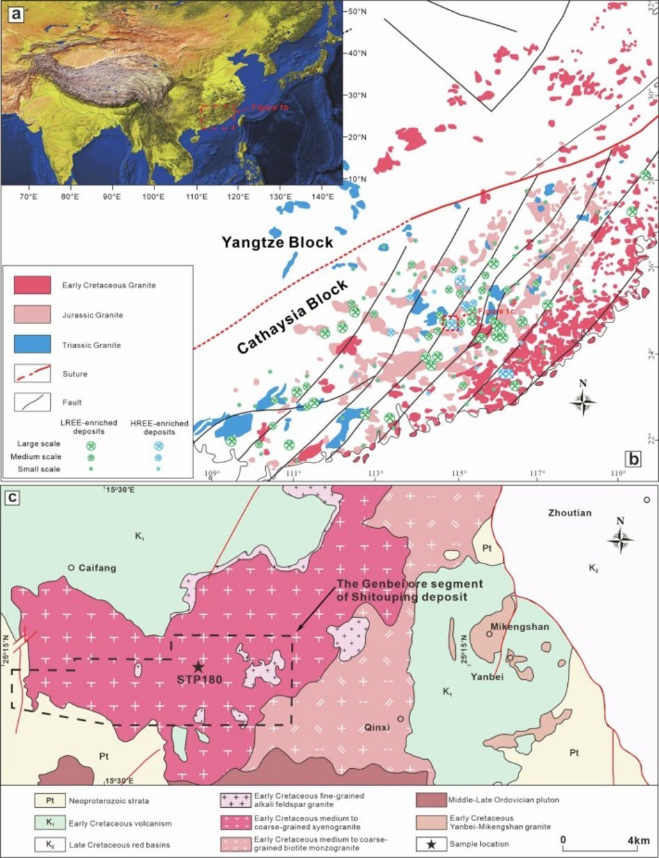 Geological maps of South China Cathaysia Block REE deposits, Shitouping Genbei ore segment, and STP180 sample location in Jur