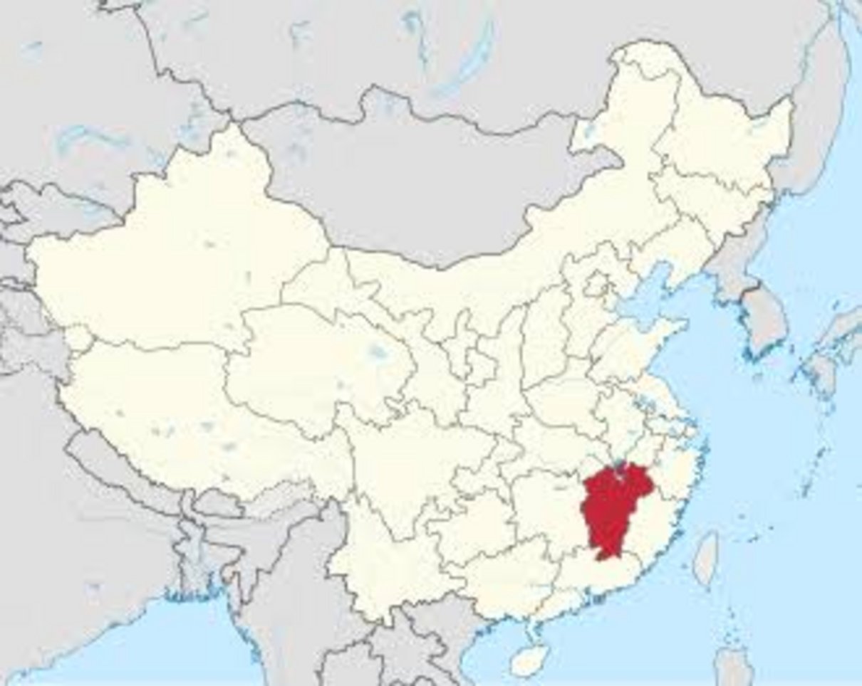 Map of China with Jiangxi Province marked in red, located in southeastern China, bordered by Zhejiang, Fujian, Guangdong, Hun