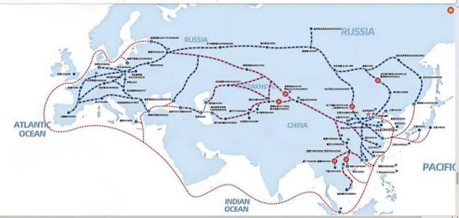 China Belt and Road Initiative overland rail corridors and maritime sea routes connecting Beijing across Russia, Kazakhstan,