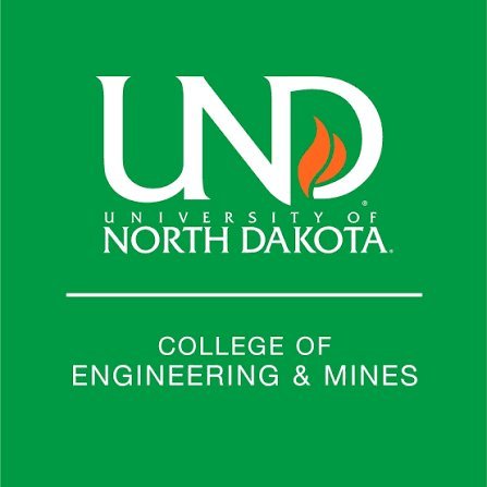 UND University of North Dakota College of Engineering and Mines official logo with white letters and orange flame on green ba