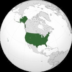 Orthographic globe map highlighting United States territory including contiguous 48 states and Alaska in dark green on North