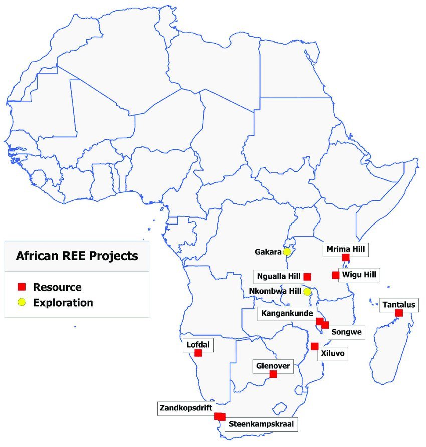 Map of African REE mining projects including Gakara Burundi, Mrima Hill Kenya, Steenkampskraal South Africa, red resource and