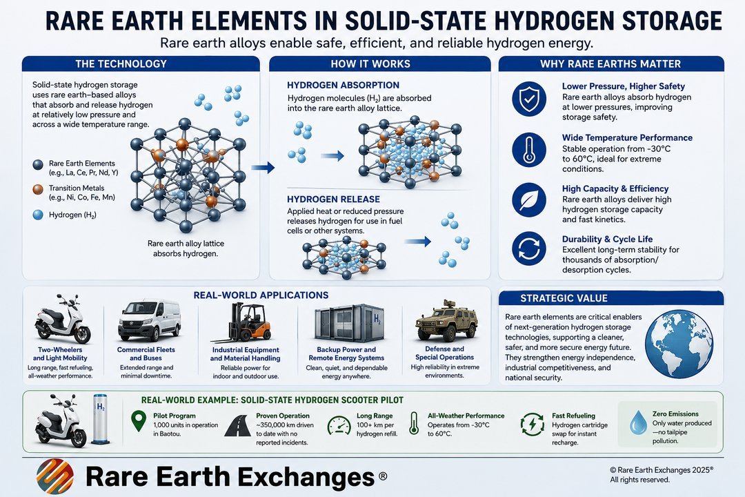 Infographic by Rare Earth Exchanges explaining how lanthanum cerium neodymium alloys absorb and release hydrogen for fuel cel