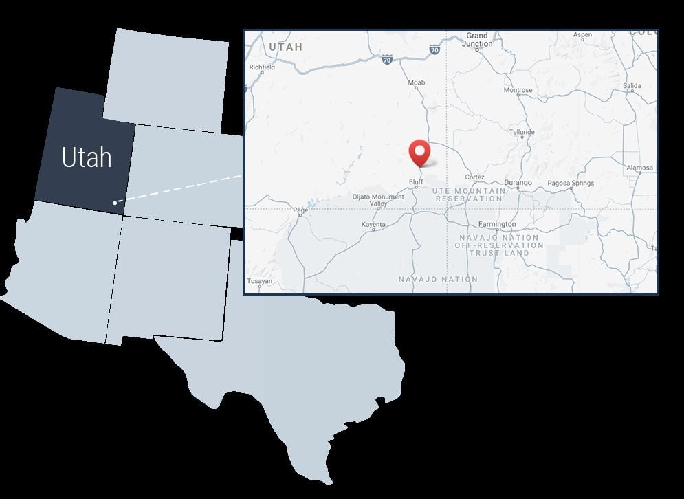 Red location pin on Bluff, San Juan County in southeastern Utah, near Navajo Nation and Ute Mountain Reservation on Google Ma