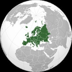 Orthographic globe projection with European continent and surrounding nations highlighted in dark green, centered over Wester