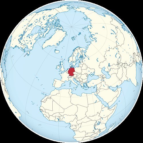 Orthographic world globe map with Germany marked in red in central Europe, surrounded by neighboring countries, oceans visibl