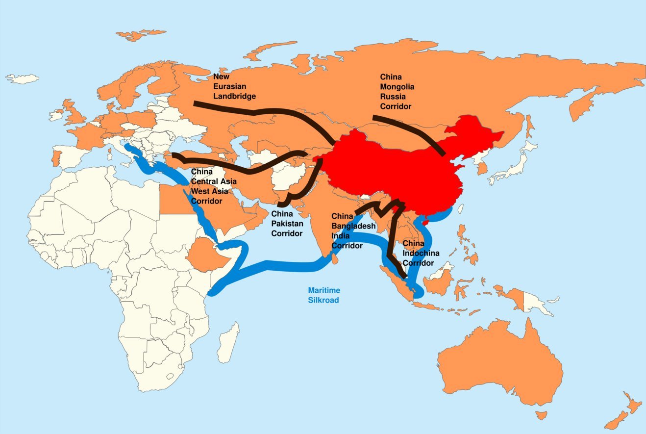 China Belt and Road Initiative map with six land corridors including New Eurasian Landbridge and Maritime Silk Road connectin