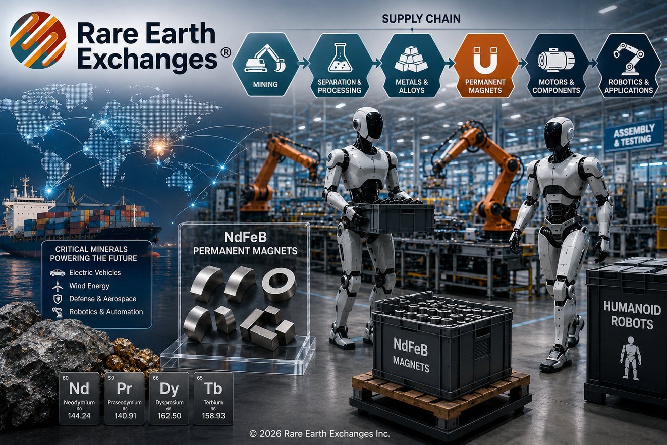 Infographie de la chaîne d'approvisionnement des aimants NdFeB pour robots humanoïdes