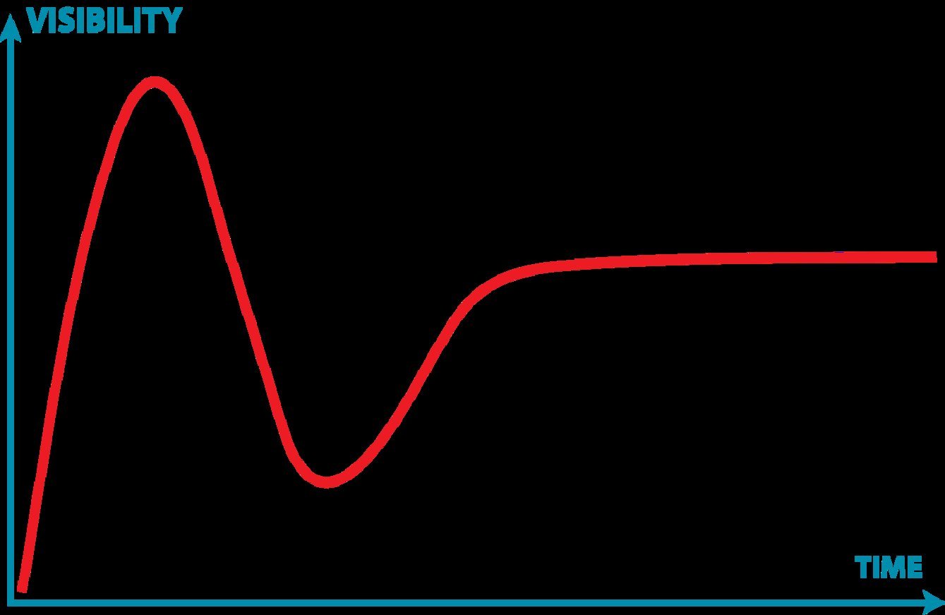 Gartner Hype Cycle graph with red curve peaking at Peak of Inflated Expectations then dropping to Trough of Disillusionment b