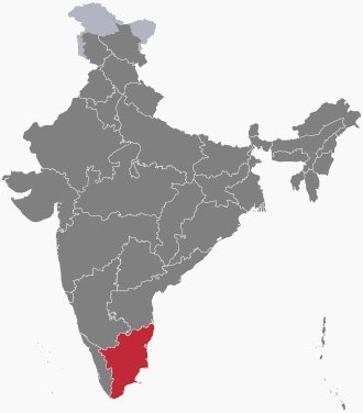 Map of India with Tamil Nadu state marked in red, located in the southeastern tip of the Indian subcontinent