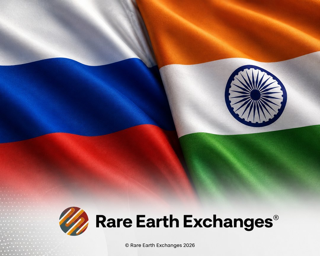 Russian tricolor flag and Indian tricolor flag with Ashoka Chakra side by side, Rare Earth Exchanges logo below