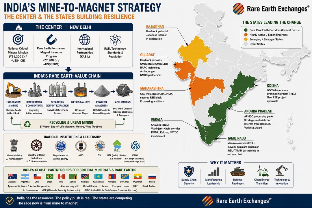 India's Mine-to-Magnet rare earth strategy infographic mapping New Delhi central programs and state roles across Rajasthan Gu