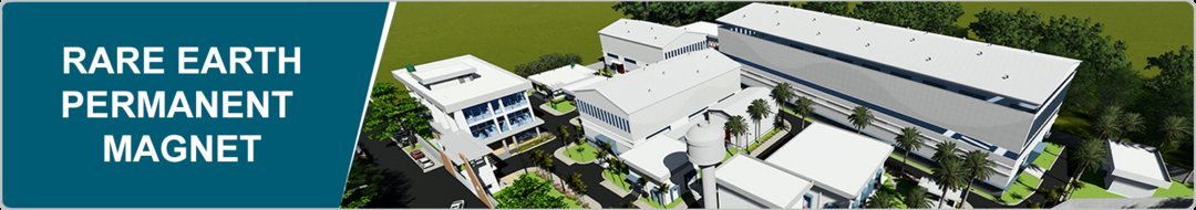 Aerial rendering of a Rare Earth Permanent Magnet manufacturing plant with white industrial buildings, palm trees, and landsc