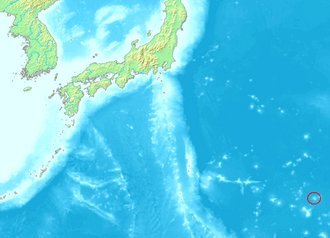 Topographic relief map of Japan archipelago and western Pacific Ocean with Minami-Torishima island circled in lower right