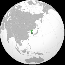 Orthographic globe projection centered on East Asia with the Korean Peninsula highlighted in green, bordered by China, Japan,