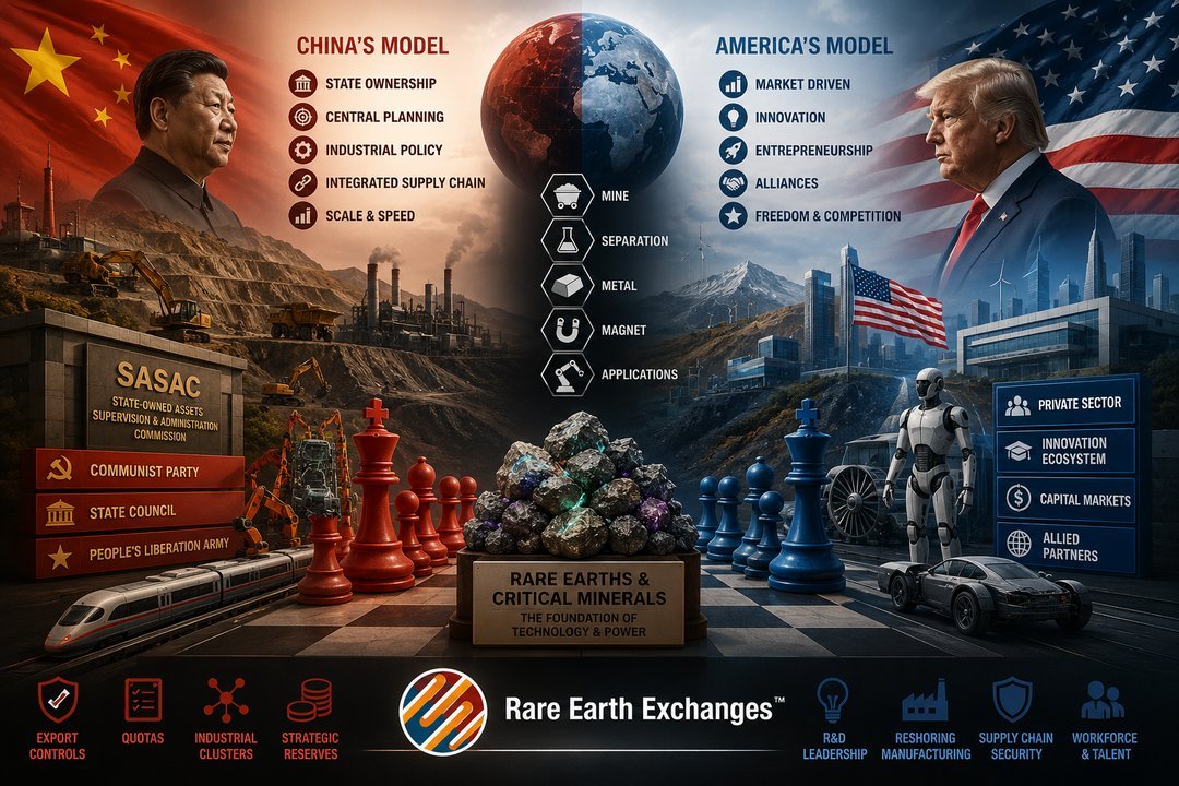 Infographic contrasting China's state-owned SASAC model versus America's market-driven model in rare earth and critical miner