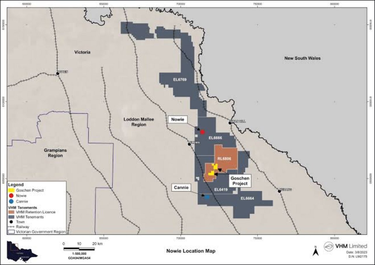 VHM Limited tenement map of Nowie and Goschen Project in Loddon Mallee Region Victoria near New South Wales border with EL666
