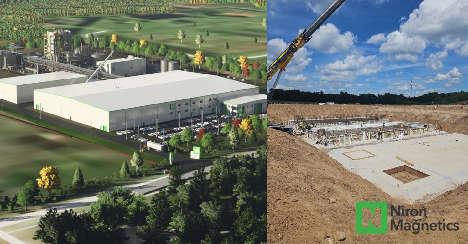 Niron Magnetics 3D architectural rendering of green-accented manufacturing campus alongside active foundation construction wi