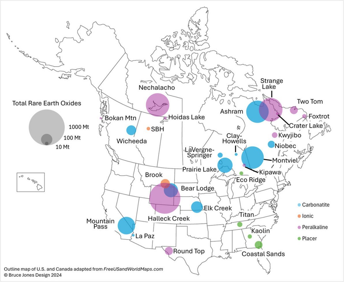 Map of North America marking rare earth oxide deposits by type and size including Mountain Pass Bear Lodge Halleck Creek Nech