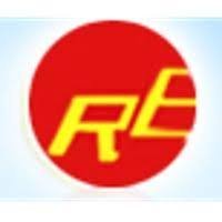 Red circular logo with bold yellow italic letters RE on white background, corporate brand emblem