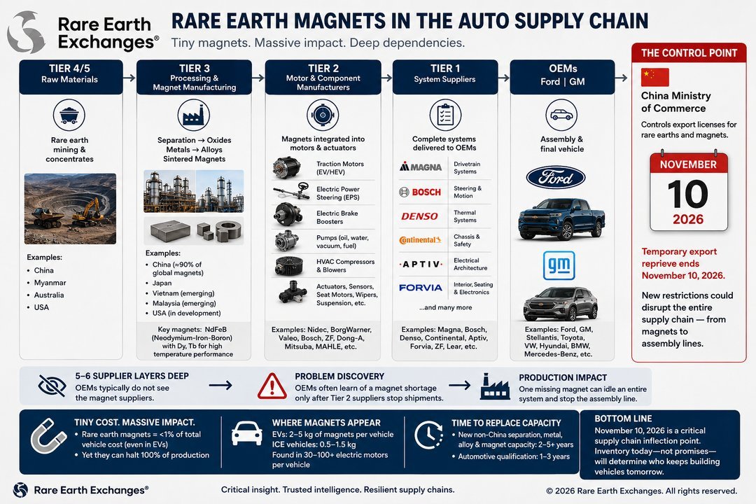Rare Earth Exchanges infographic mapping NdFeB magnet supply chain from China mining through Tier 3 processing to Ford and GM