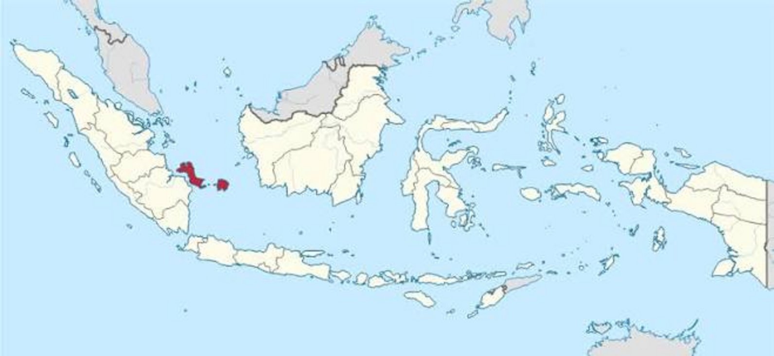 Map of Indonesia with Bangka Belitung Islands province marked in red, located between Sumatra and Kalimantan in Southeast Asi