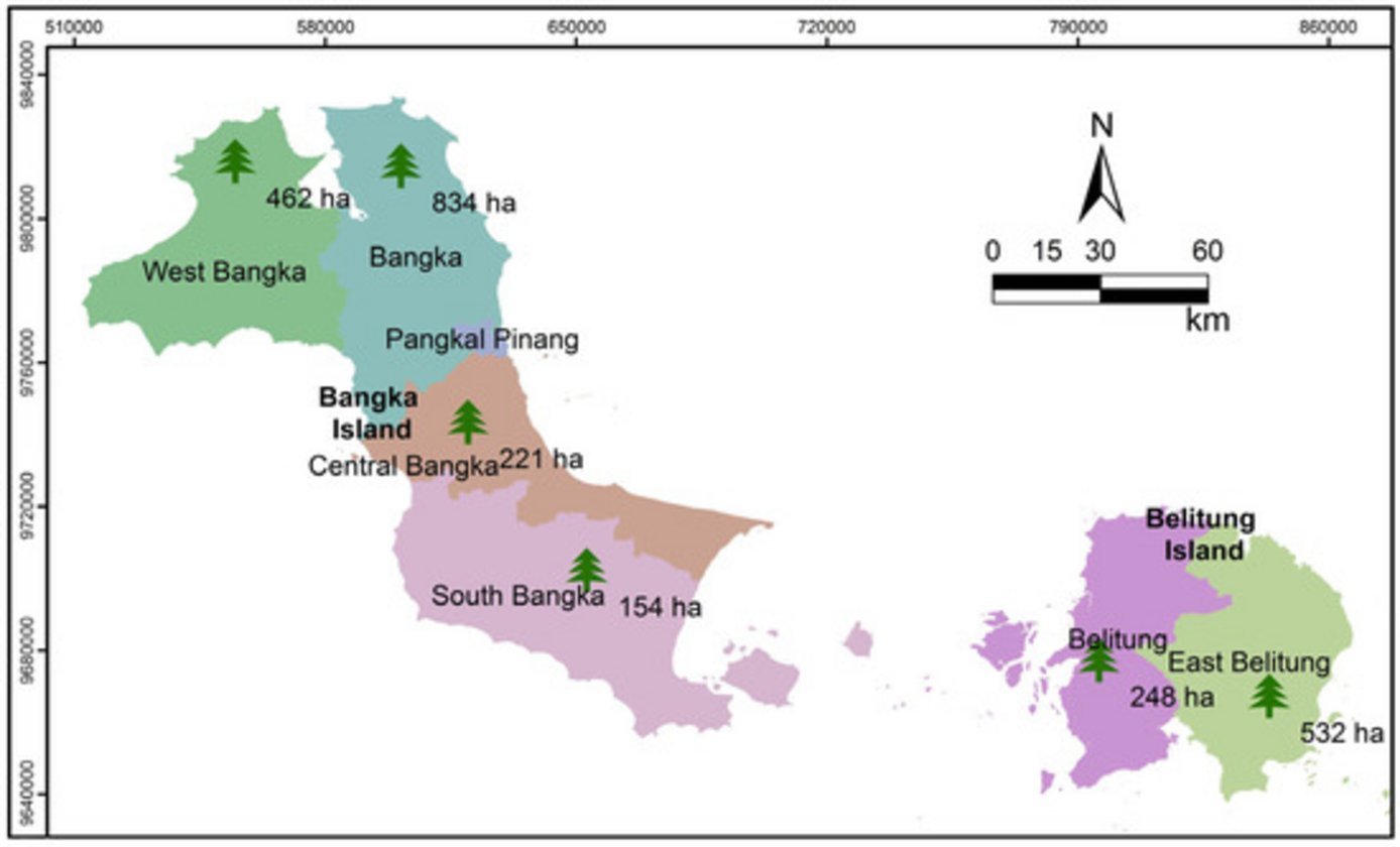 GIS map of Bangka Island and Belitung Island Indonesia with forest areas: West Bangka 462ha, Bangka 834ha, Central Bangka 221