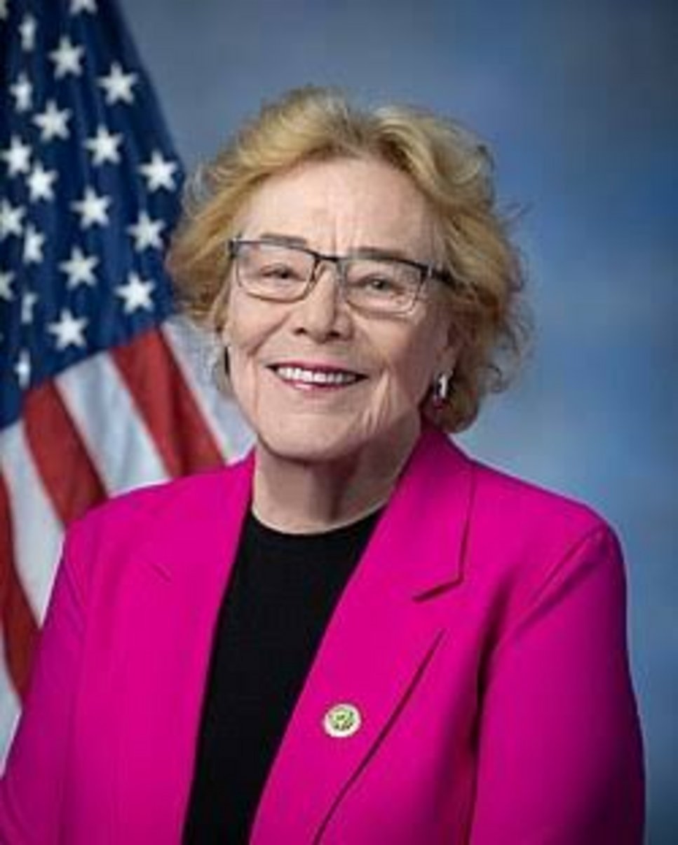 Older woman with blonde hair and glasses wearing a bright pink blazer and congressional lapel pin posed before an American fl