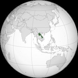 Orthographic globe projection map of Asia with Laos highlighted in green, situated between Thailand, Vietnam, and China