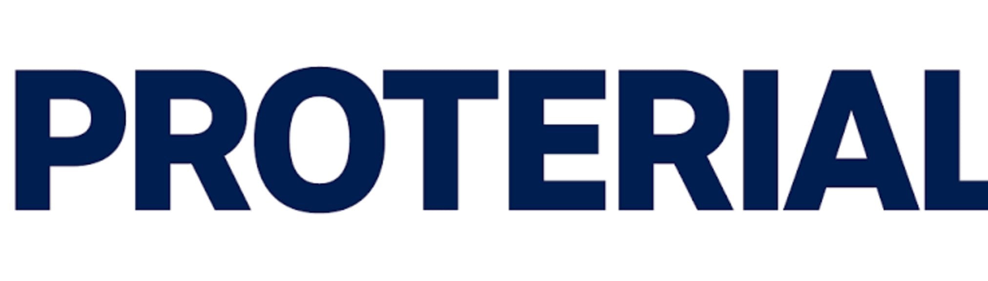 Proterial corporate logo in bold dark navy blue uppercase letters on white background