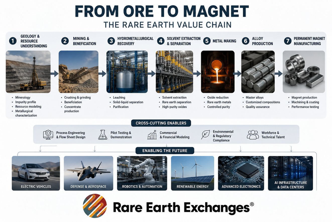 Rare Earth Exchanges infographic of 7-step rare earth value chain from geology and mining through hydrometallurgy, solvent ex