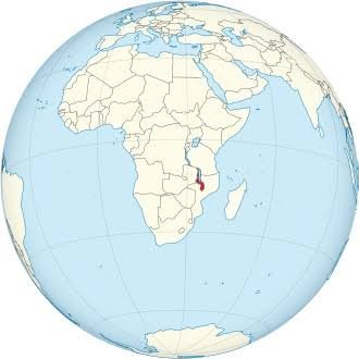 Orthographic map globe centered on Africa with Malawi marked in red in southeastern Africa near Lake Malawi and Mozambique