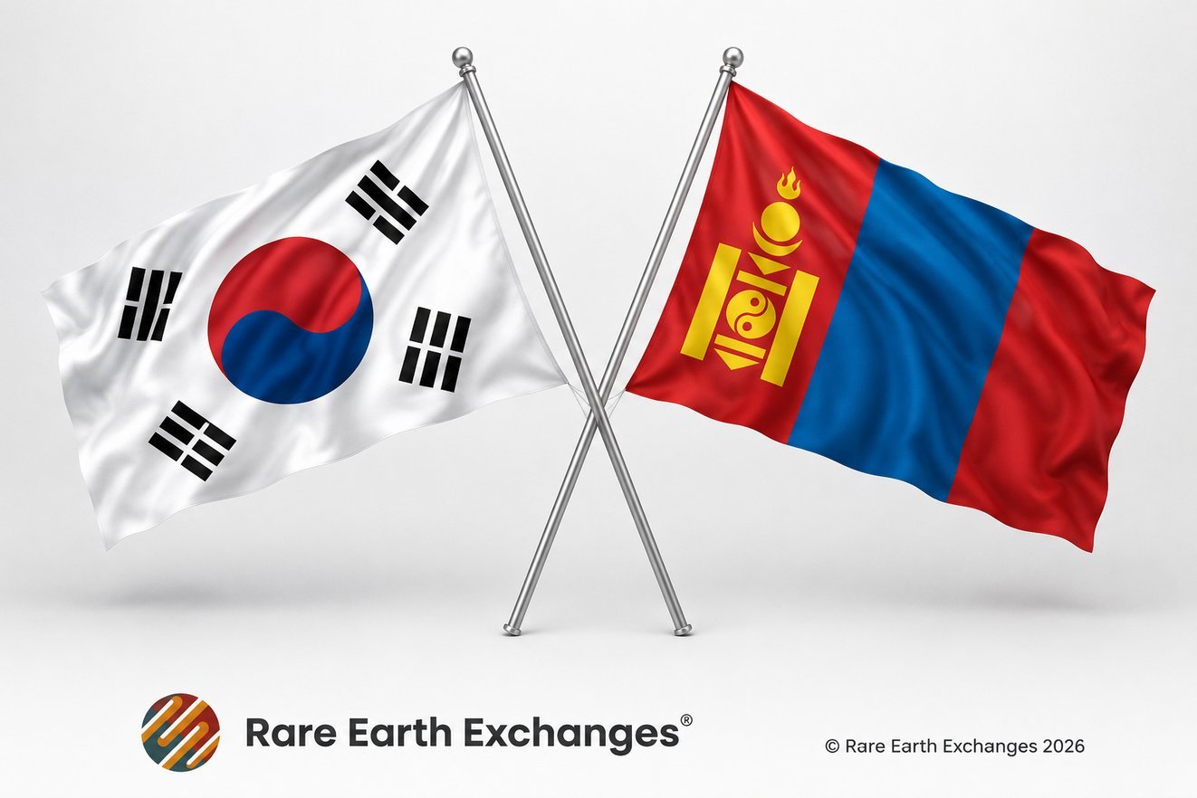 South Korean Taegukgi and Mongolian Soyombo flags crossed on silver poles symbolizing bilateral cooperation featured by Rare