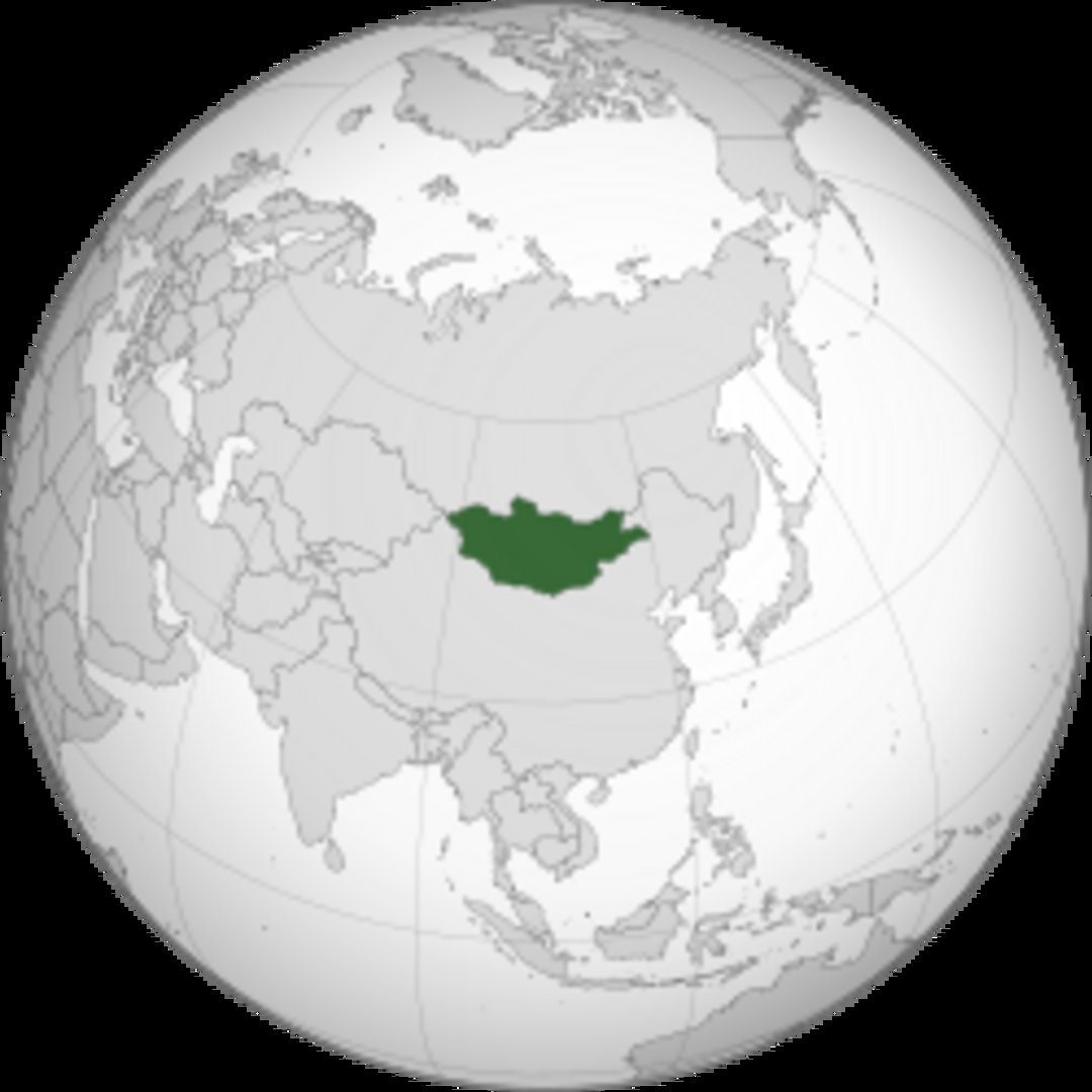 Mongolia marked in dark green on a globe centered on Asia, bordered by Russia to the north and China to the south