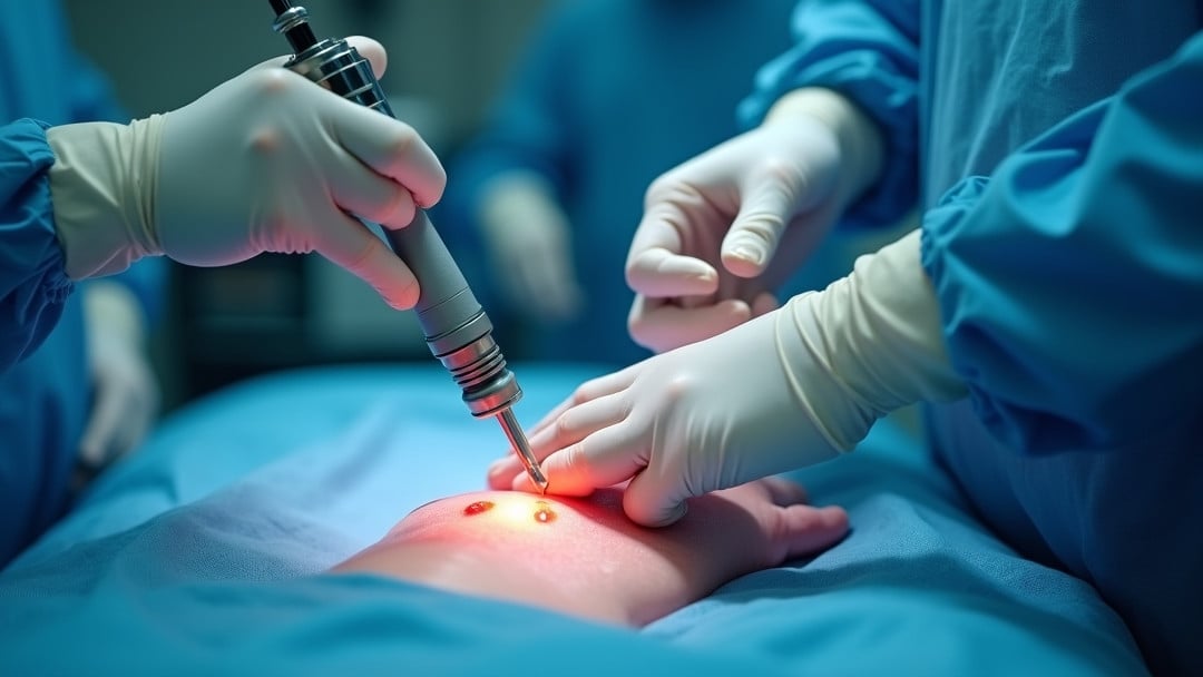 Close-up photorealistic view in a modern operating room of a surgeon’s gloved hands using **surgical lasers** to make a precise soft-tissue incision on a sterile draped field, with a small controlled plume and adjacent smoke evacuation under cool LED lighting.
