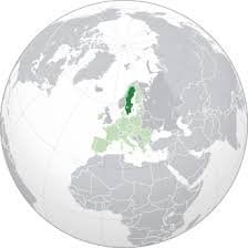 Globe map of Europe with Sweden marked in dark green and surrounding EU member states in light green on gray world background