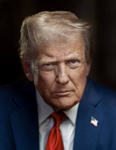 Donald Trump in a navy blue suit with red tie and American flag lapel pin, serious expression, dark background